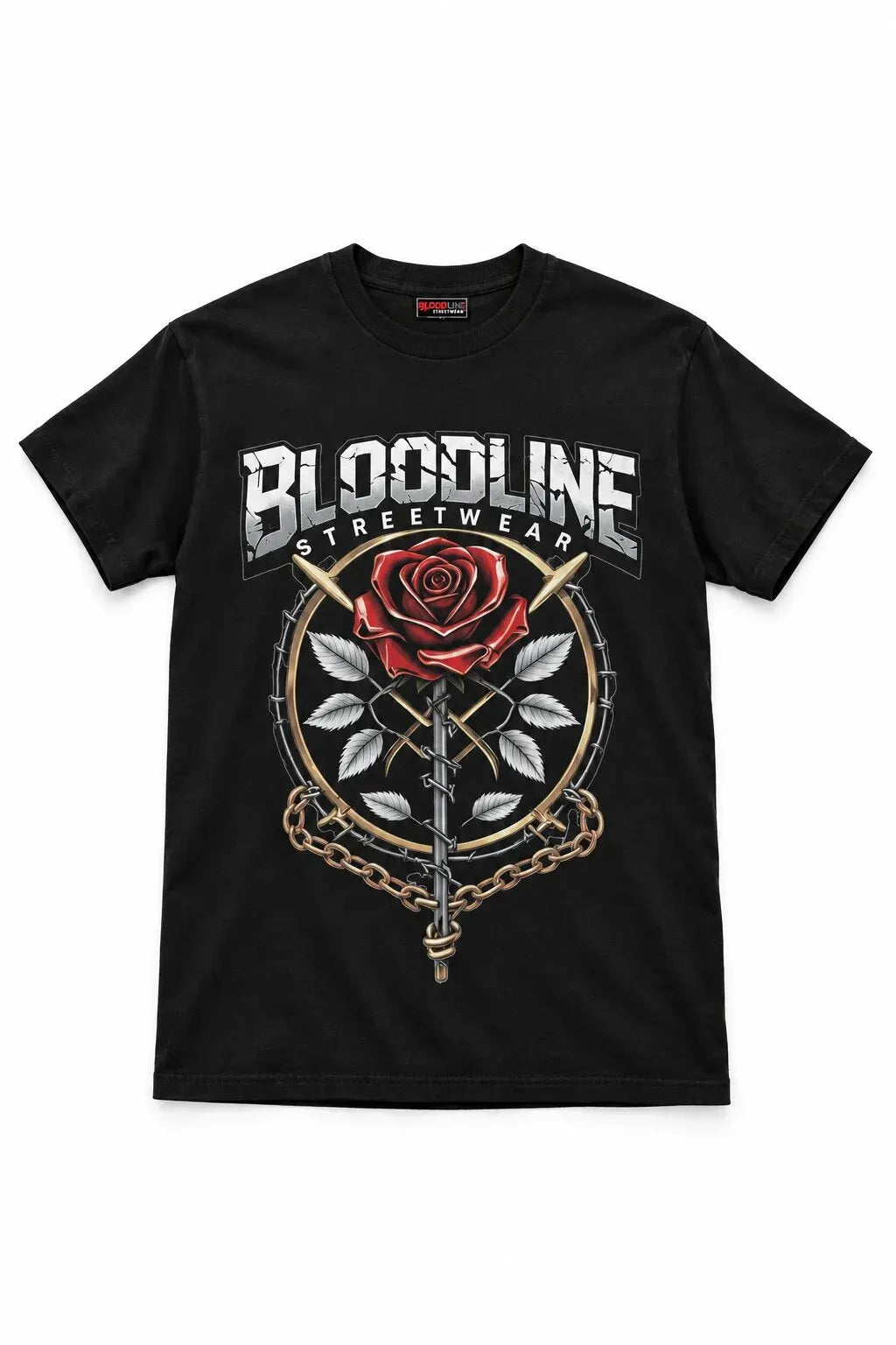 Black t-shirt with 'Bloodline Streetwear' design featuring a rose and sword on a white background